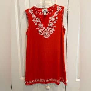 Pretty Coral and White Knit Shift Dress with Embroidered Design By OSO Casuals